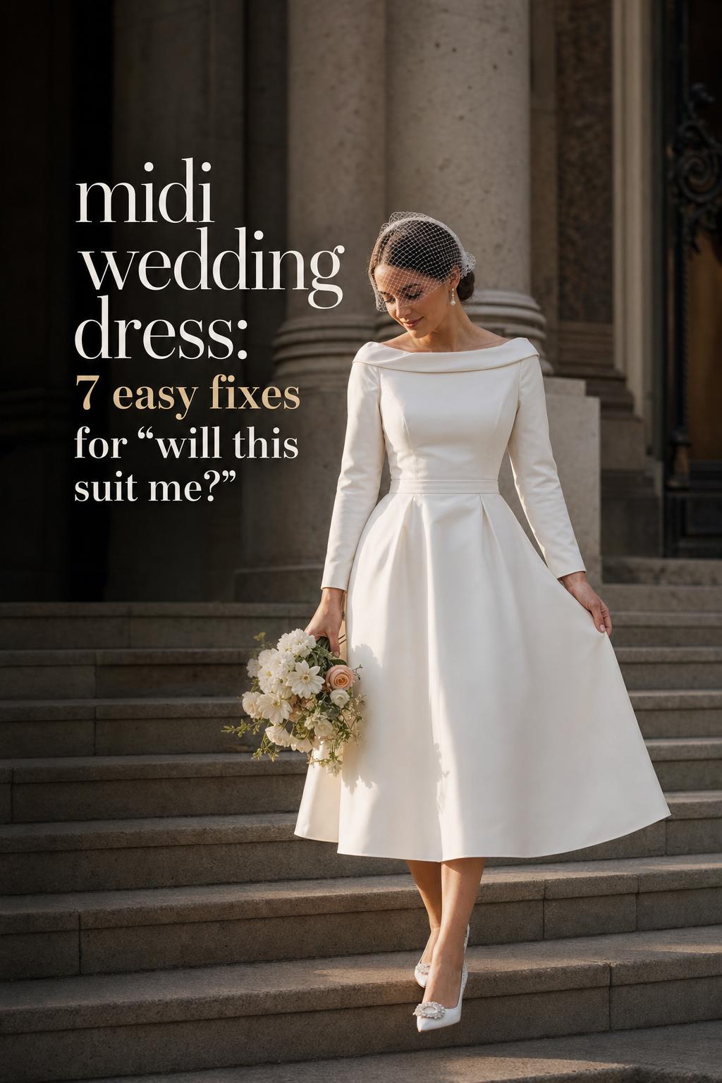 Modern bride in a midi wedding dress on city hall steps with elegant editorial text overlay in natural light