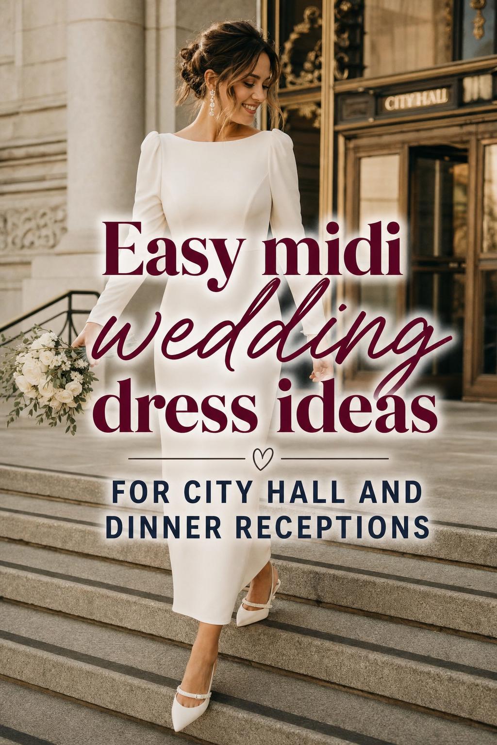 Bride in a modern midi wedding dress on city hall steps in warm golden-hour light with editorial text overlay