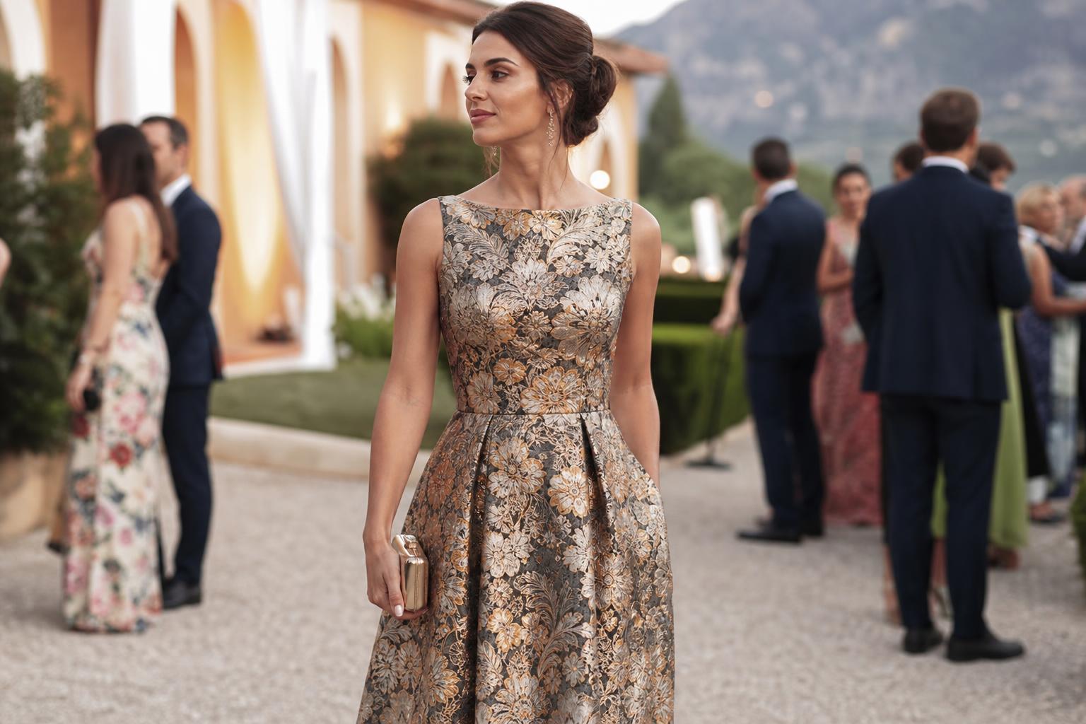 Modern brocade dress styles for wedding guest in a jewel-tone sheath with subtle metallic floral weave, photographed indoors