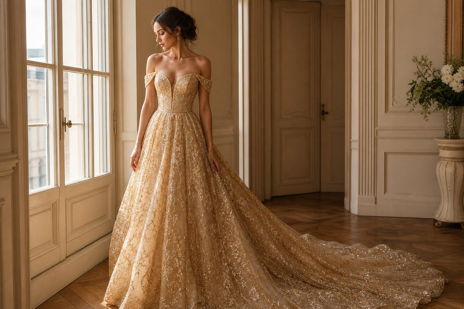 Bride in an elegant gold wedding dress with modern accessories in soft natural light