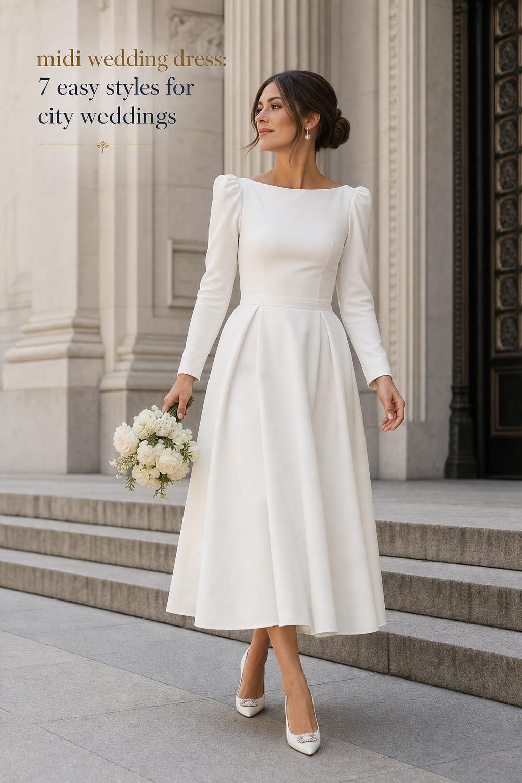 Bride in a modern midi wedding dress outside city hall at golden hour, showcasing mid-calf hem and elegant heels