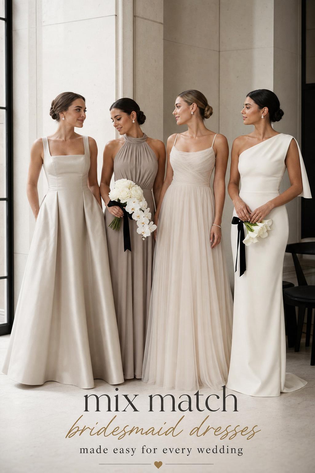 Monochrome bridal party in mix match bridesmaid dresses standing by an ivory wall with soft window light and a black ribbon bouquet