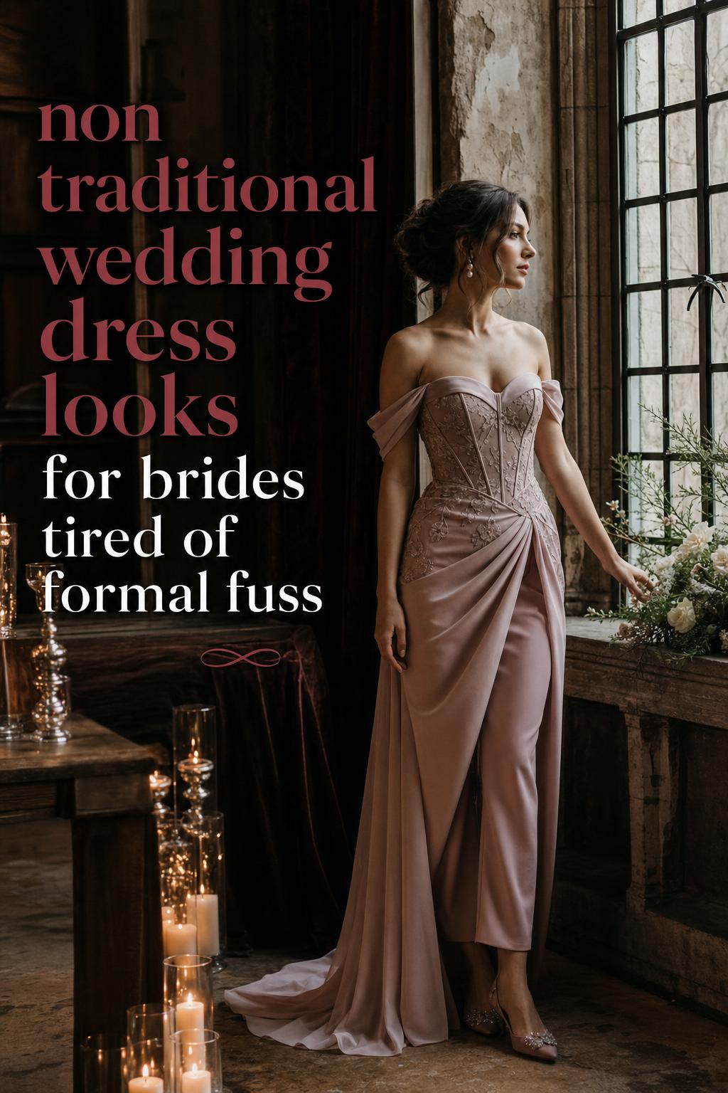 Modern bride in a muted pastel non traditional wedding dress by tall historic windows in a candlelit old-world interior