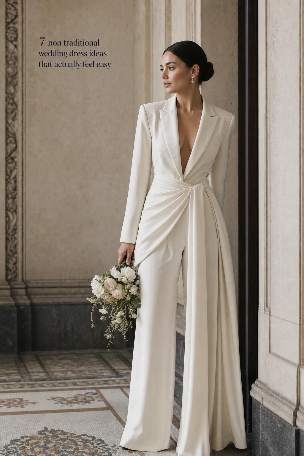 Non traditional wedding dress in matte satin with sculpted corset, photographed in a minimalist candlelit historic corridor.