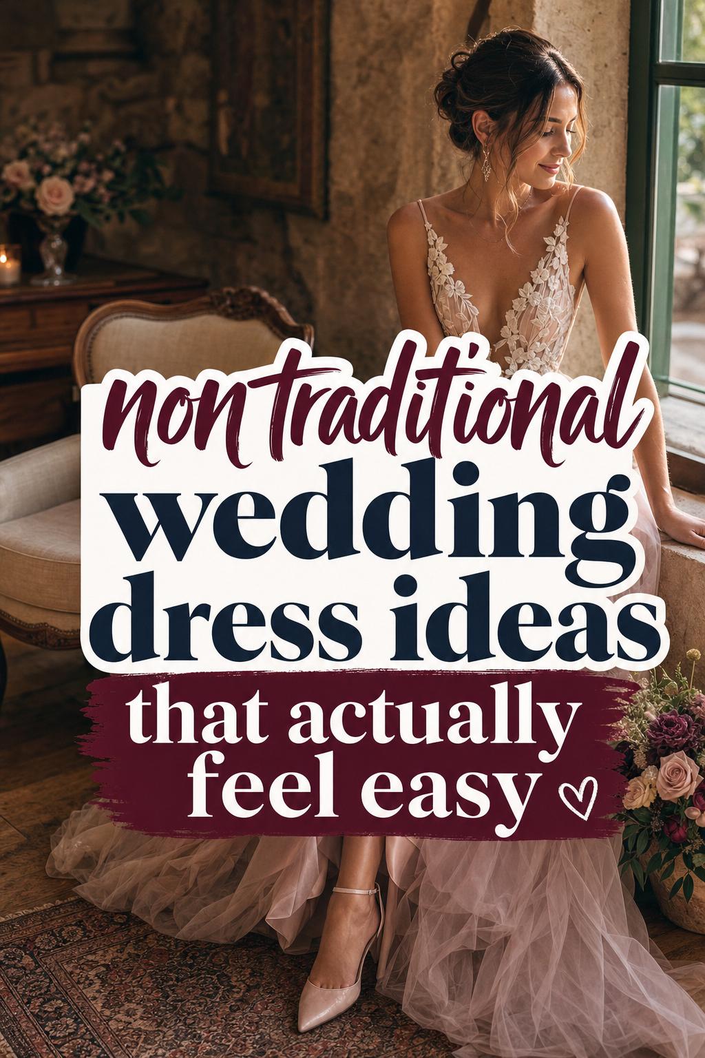 Bride in a chic pastel gown at golden hour with text overlay, non traditional wedding dress ideas in a cozy venue