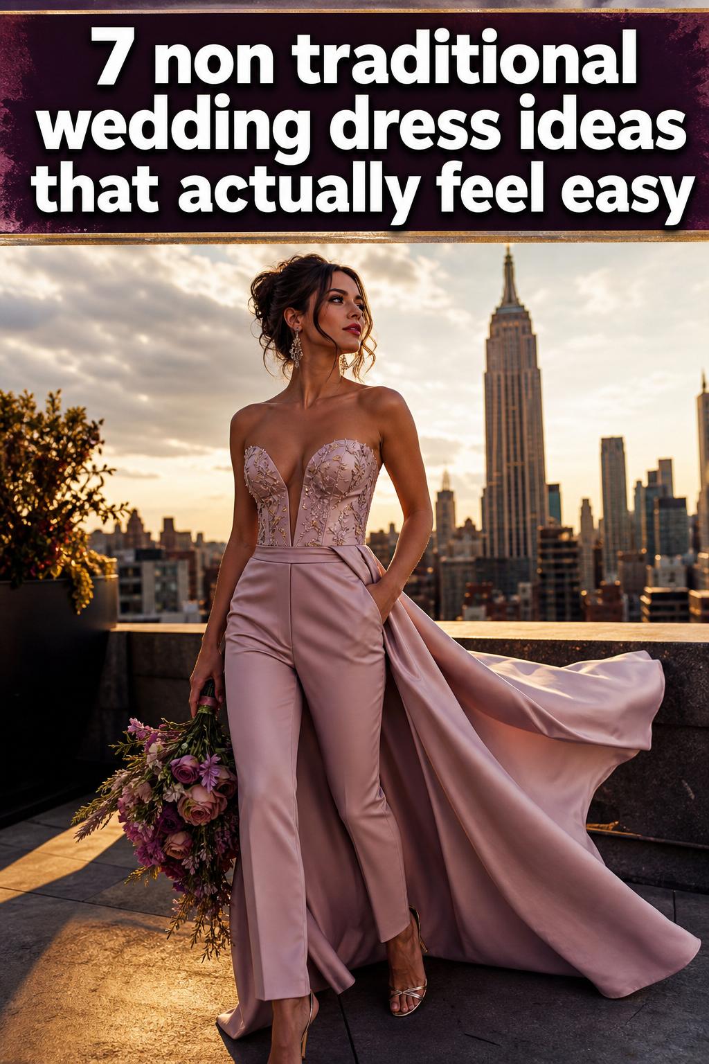 Non traditional wedding dress in a modern bridal portrait with unique detailing and contemporary style