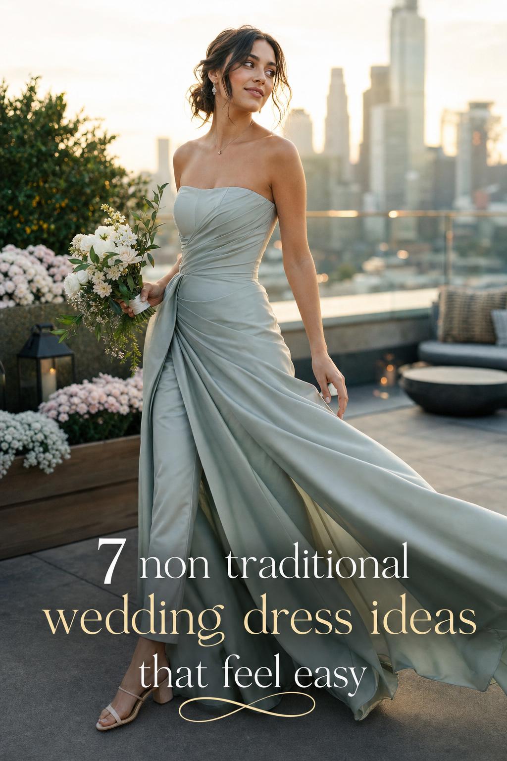 Non traditional wedding dress on a rooftop at golden hour, sage satin gown mid-turn with city skyline and text overlay