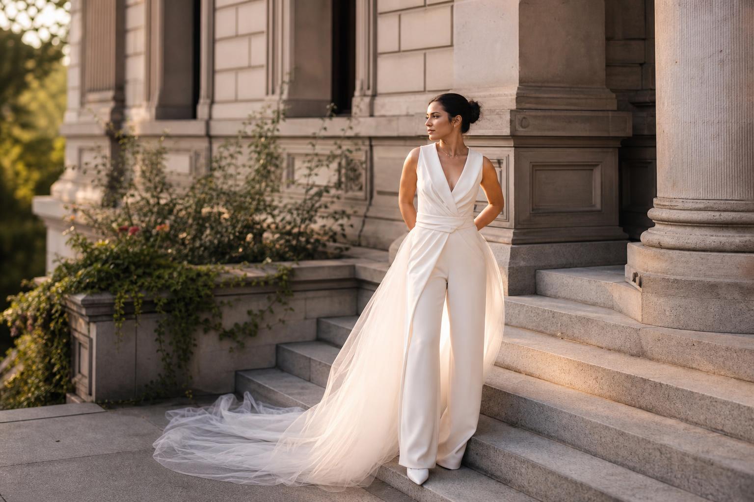 Bride in a non traditional wedding dress with soft blush tone and sculpted bodice at an outdoor garden ceremony