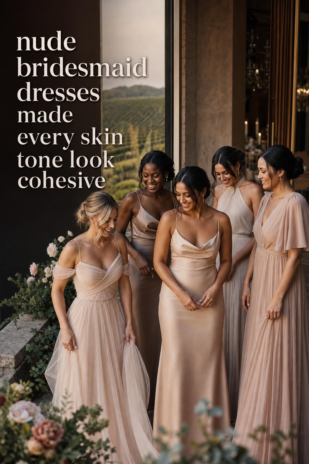 Nude bridesmaid dresses in seven neutral shades on a bridal party at golden hour, showing cohesive tones across skin types.