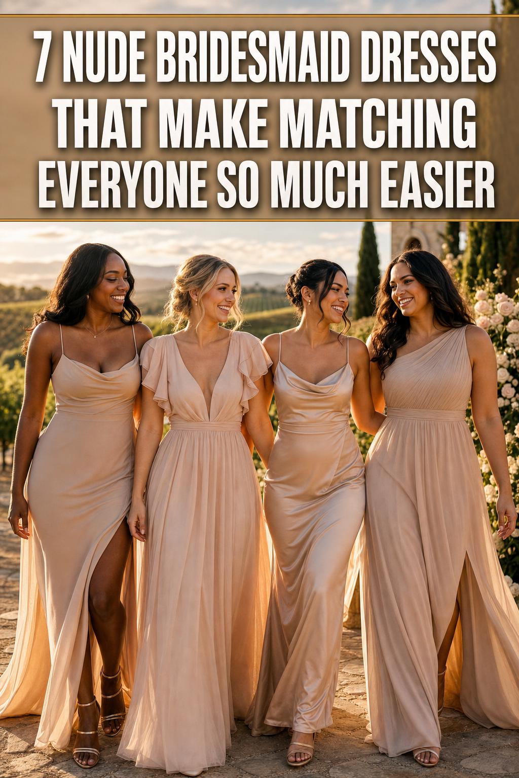 Bridal party in nude bridesmaid dresses posing in soft natural light at a wedding venue