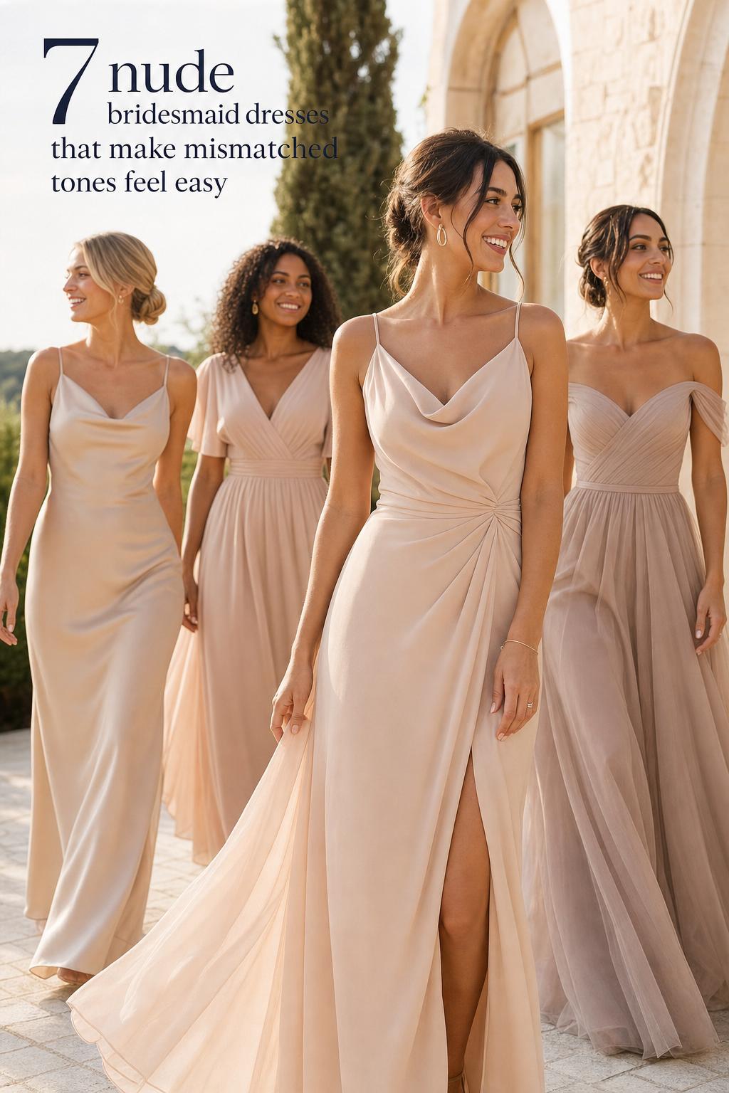 Luxury editorial photo of nude bridesmaid dresses in varied neutral tones with soft golden light and elegant movement