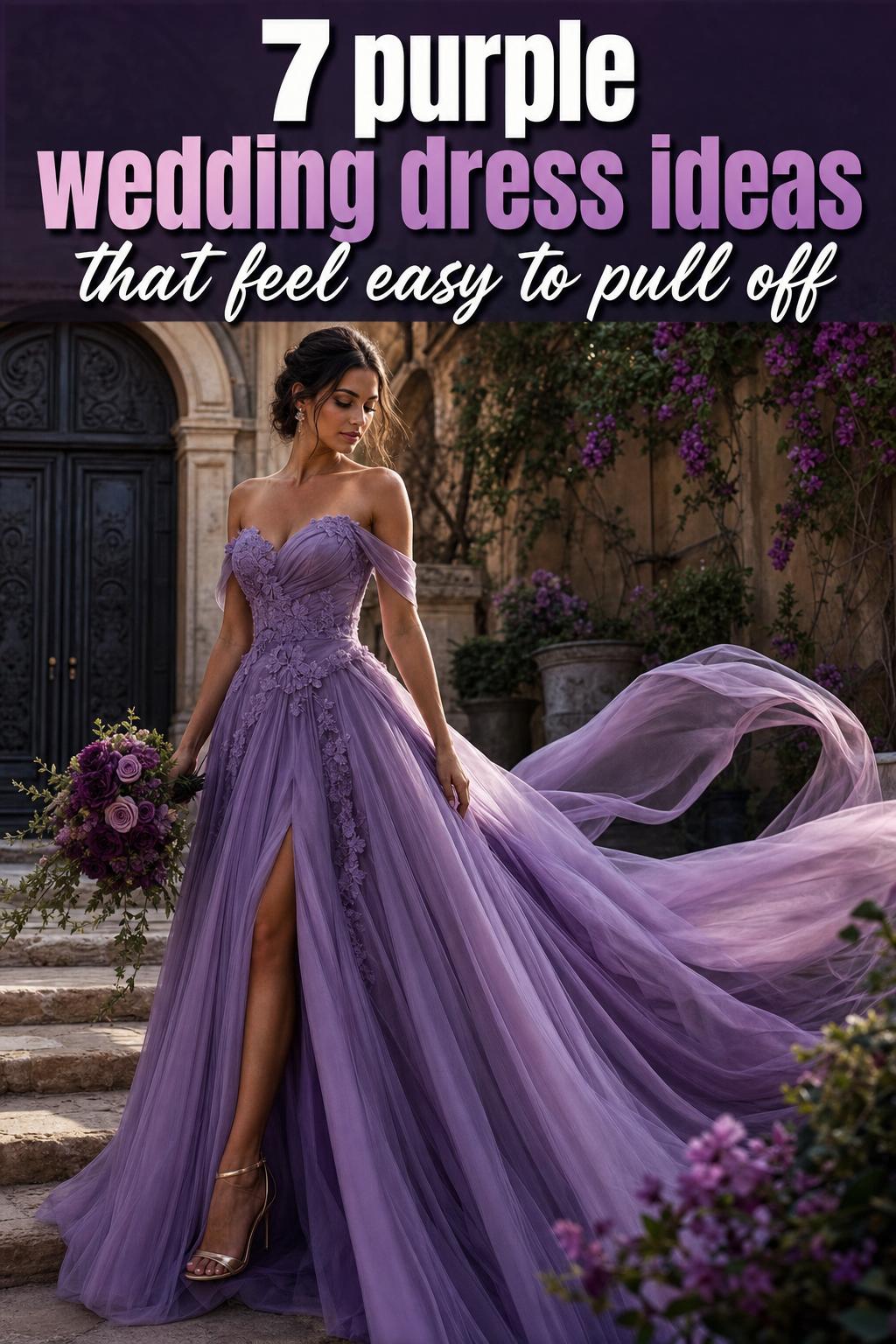 Bride in a purple wedding dress posing elegantly for a romantic bridal portrait