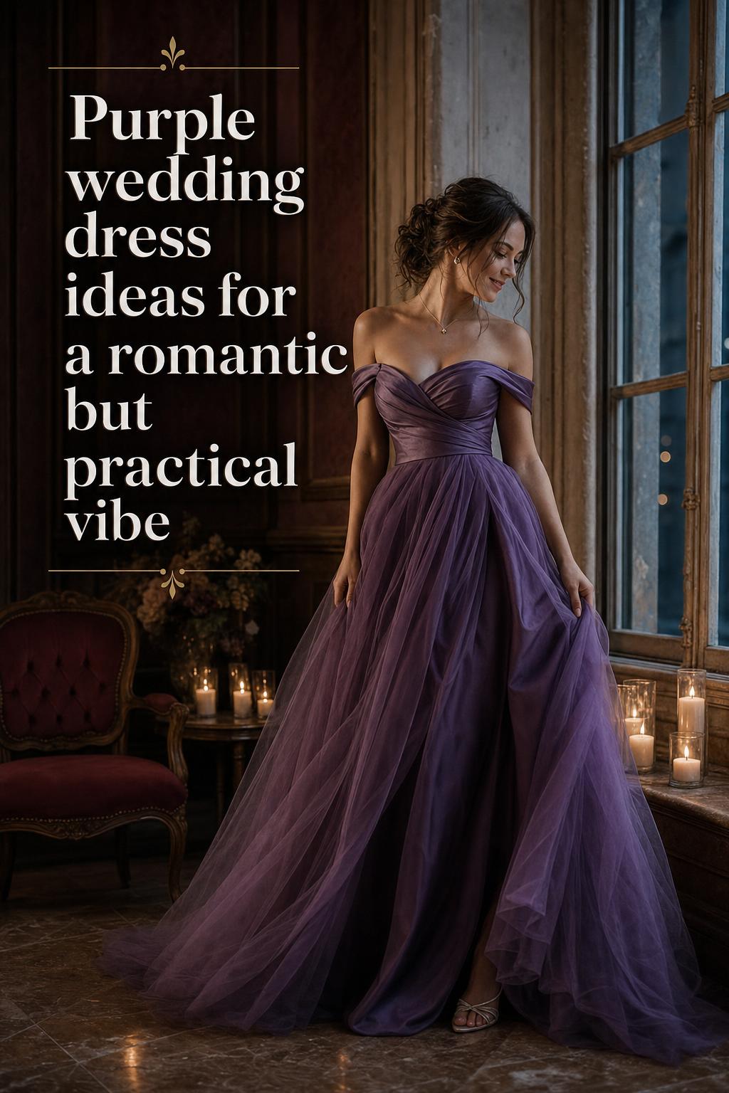 Bride in a luxurious purple wedding dress in a candlelit ballroom at blue hour, moody editorial bridal portrait