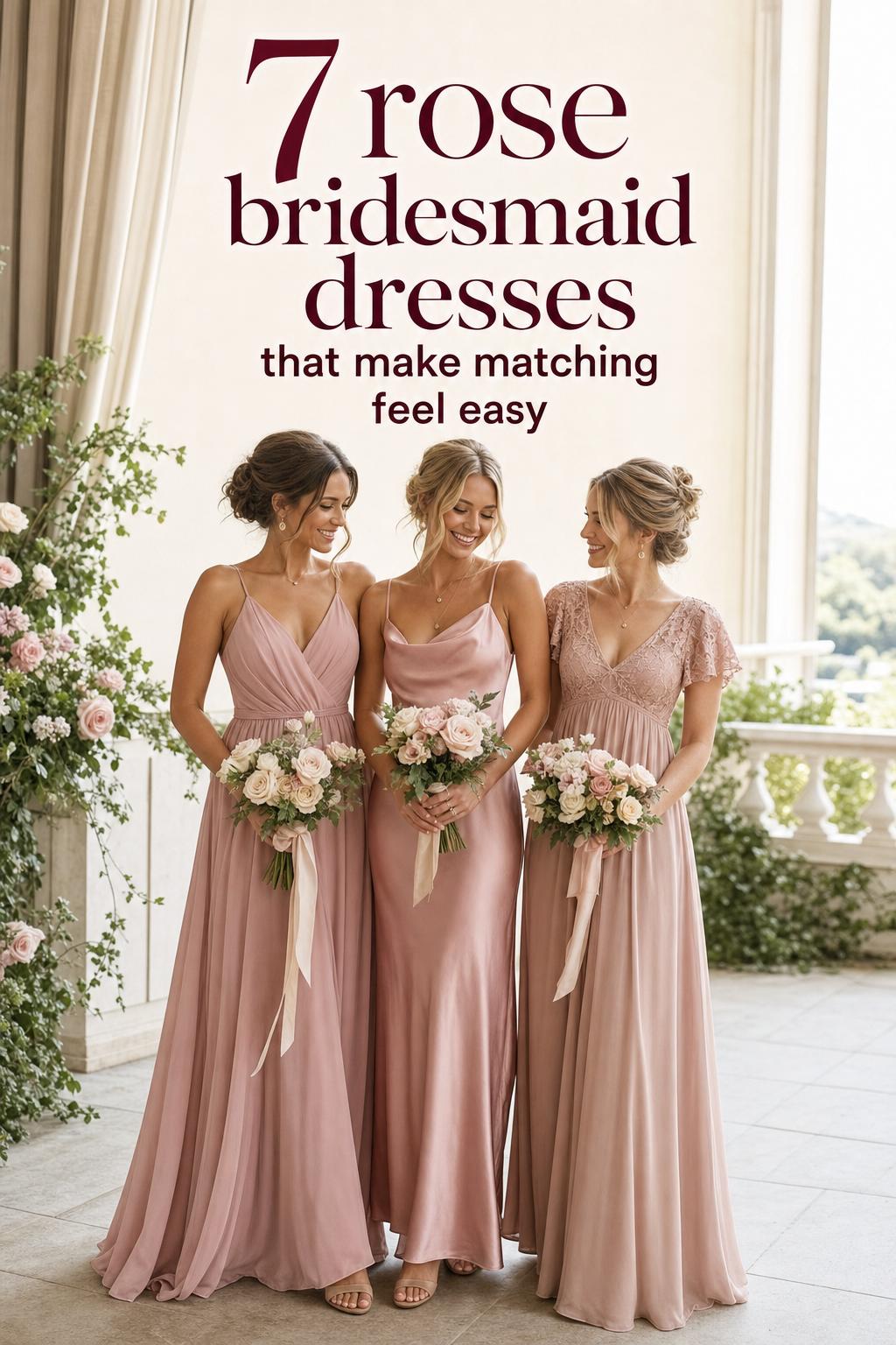 Rose bridesmaid dresses in dusty rose, English rose and rose gold in a bright garden-hotel wedding editorial photo