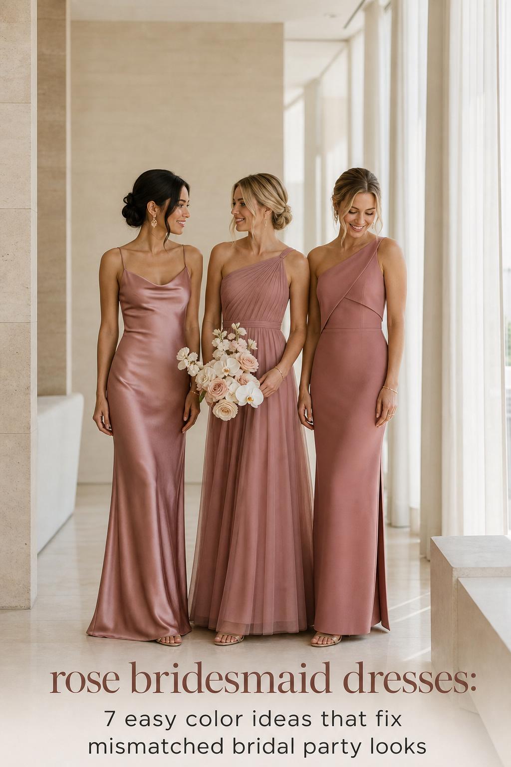Rose bridesmaid dresses in a luxury bridal suite, three bridesmaids in dusty rose tones with soft window light