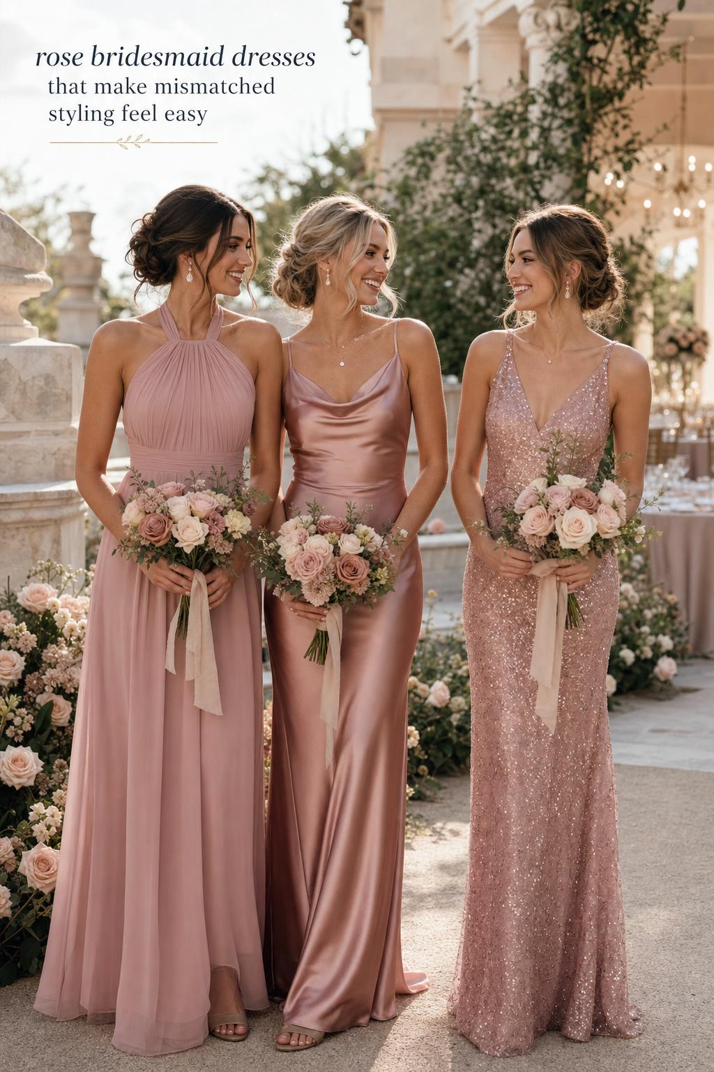 Rose bridesmaid dresses in dusty rose chiffon, satin, and rose gold crepe on three bridesmaids at a garden terrace wedding