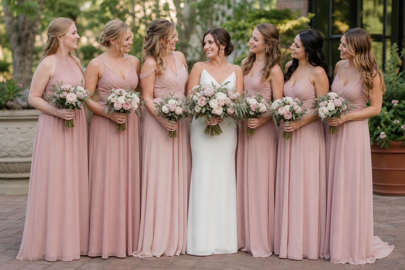 Rose bridesmaid dresses in dusty rose and English Rose tones arranged for a romantic wedding party look