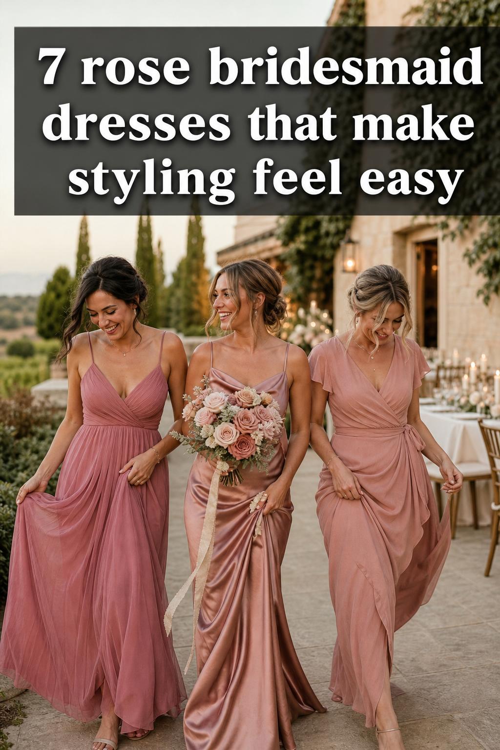 Rose bridesmaid dresses styled in a soft, romantic wedding setting with natural light and elegant details