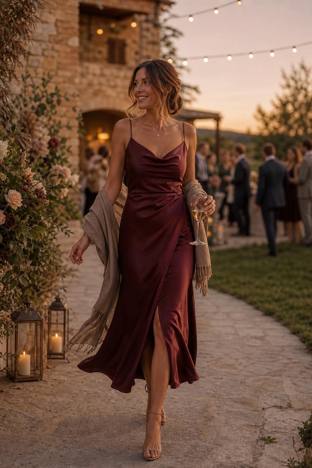 September wedding guest dress in burgundy satin at a golden hour vineyard wedding with elegant fall styling