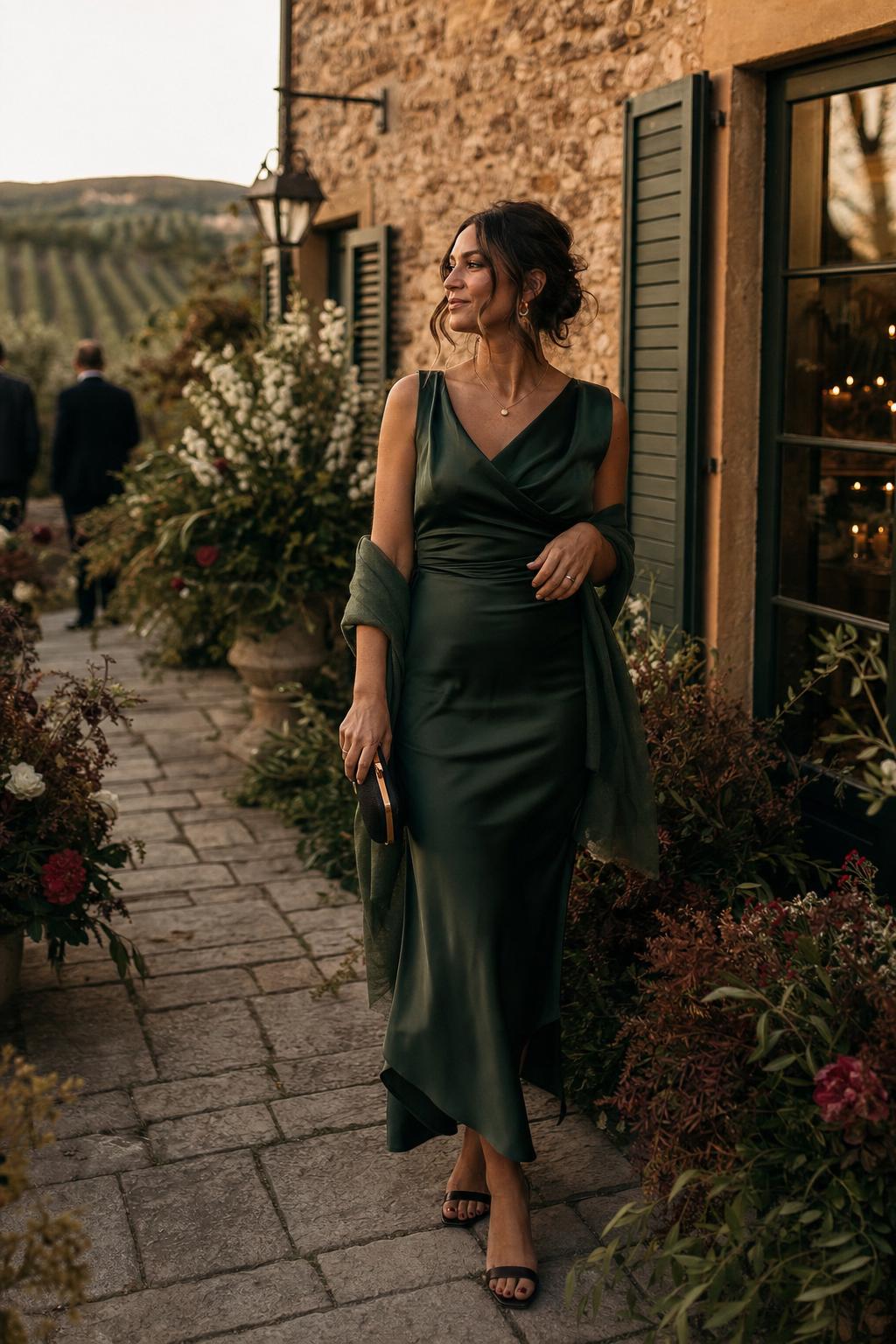 Chic woman in a september wedding guest dress at a romantic vineyard wedding during golden hour