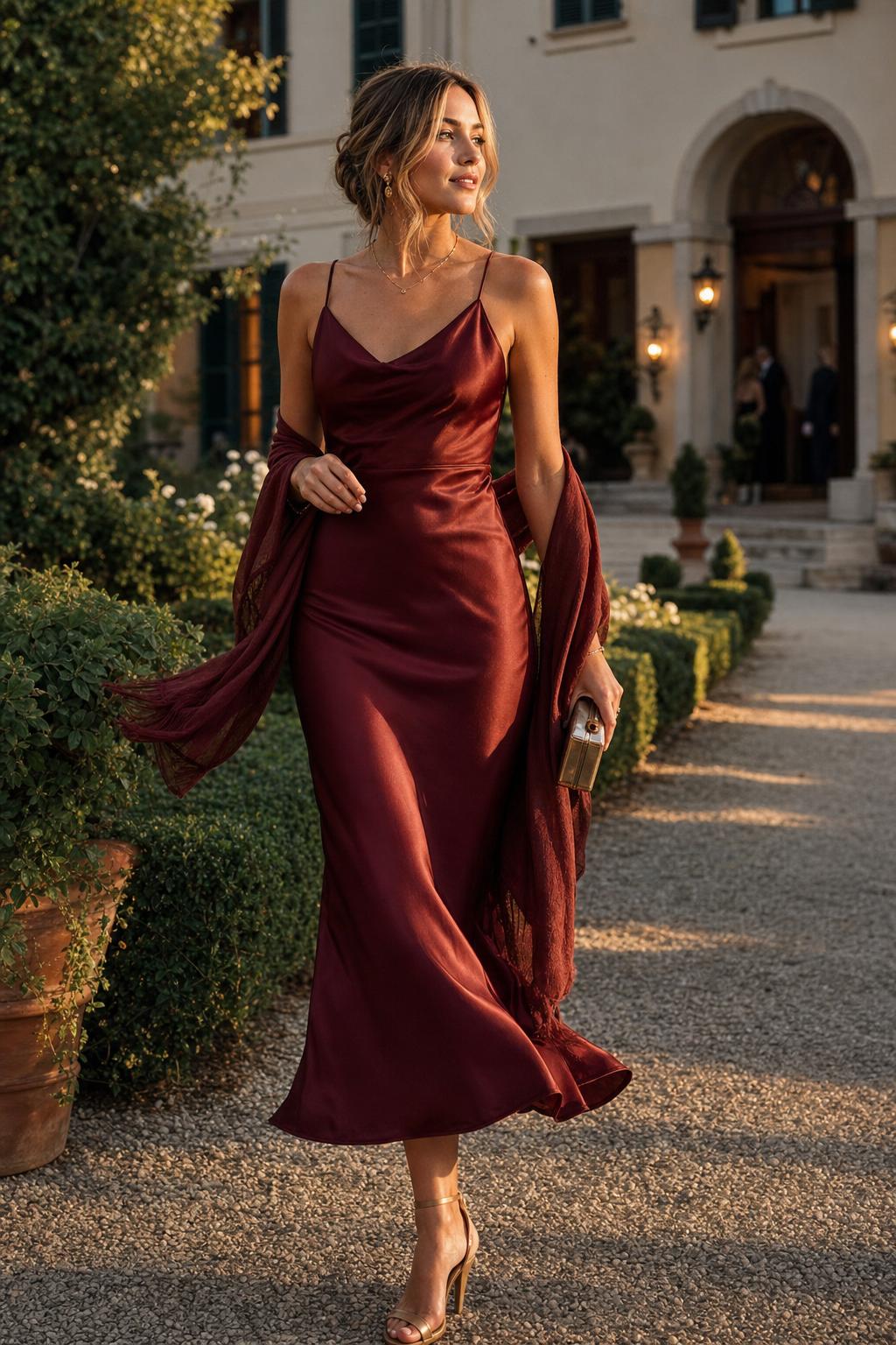 Elegant september wedding guest dress in a natural outdoor setting with soft seasonal light