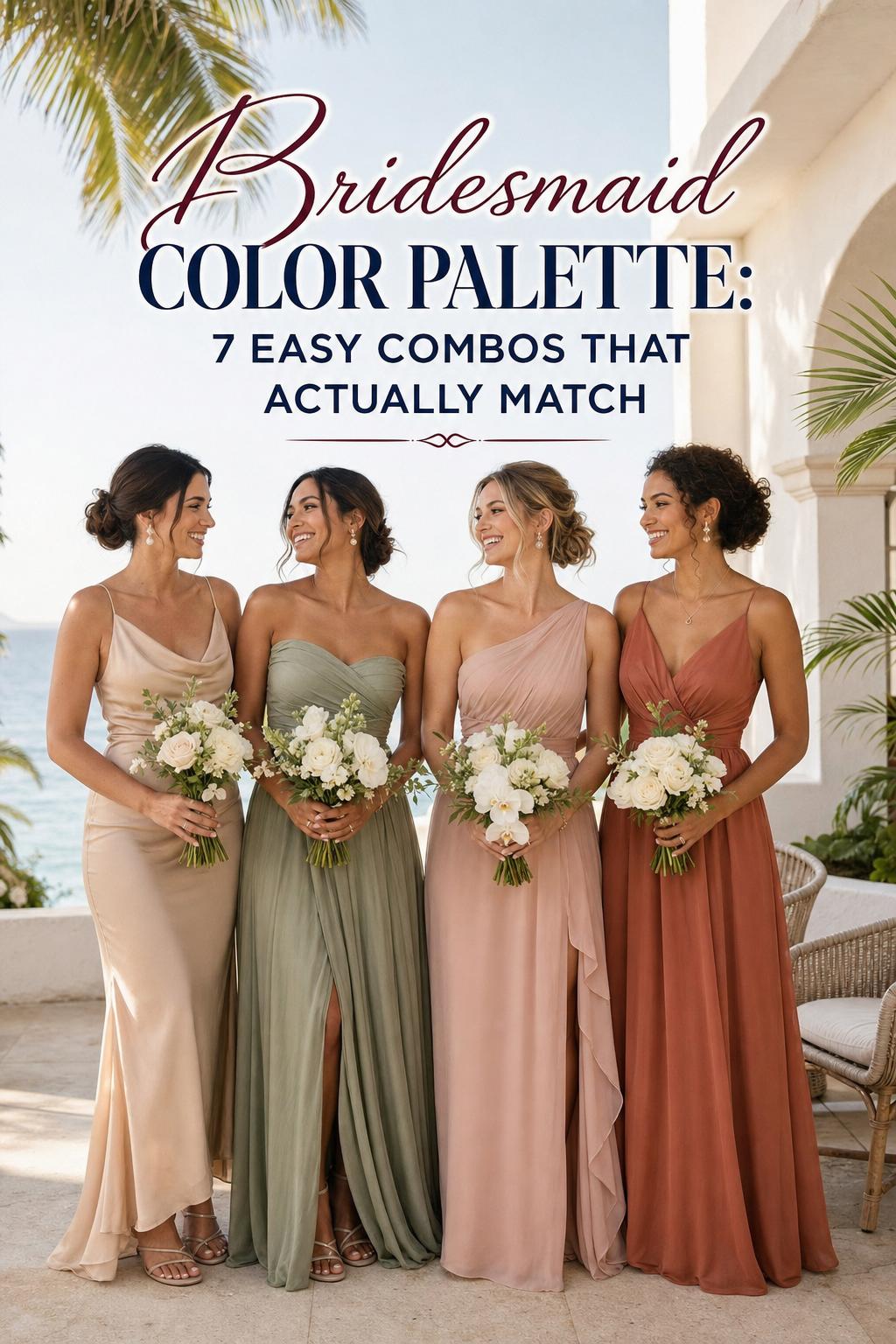 Bridesmaid color palette inspiration with four bridesmaids in champagne, sage, blush and terracotta at a tropical resort