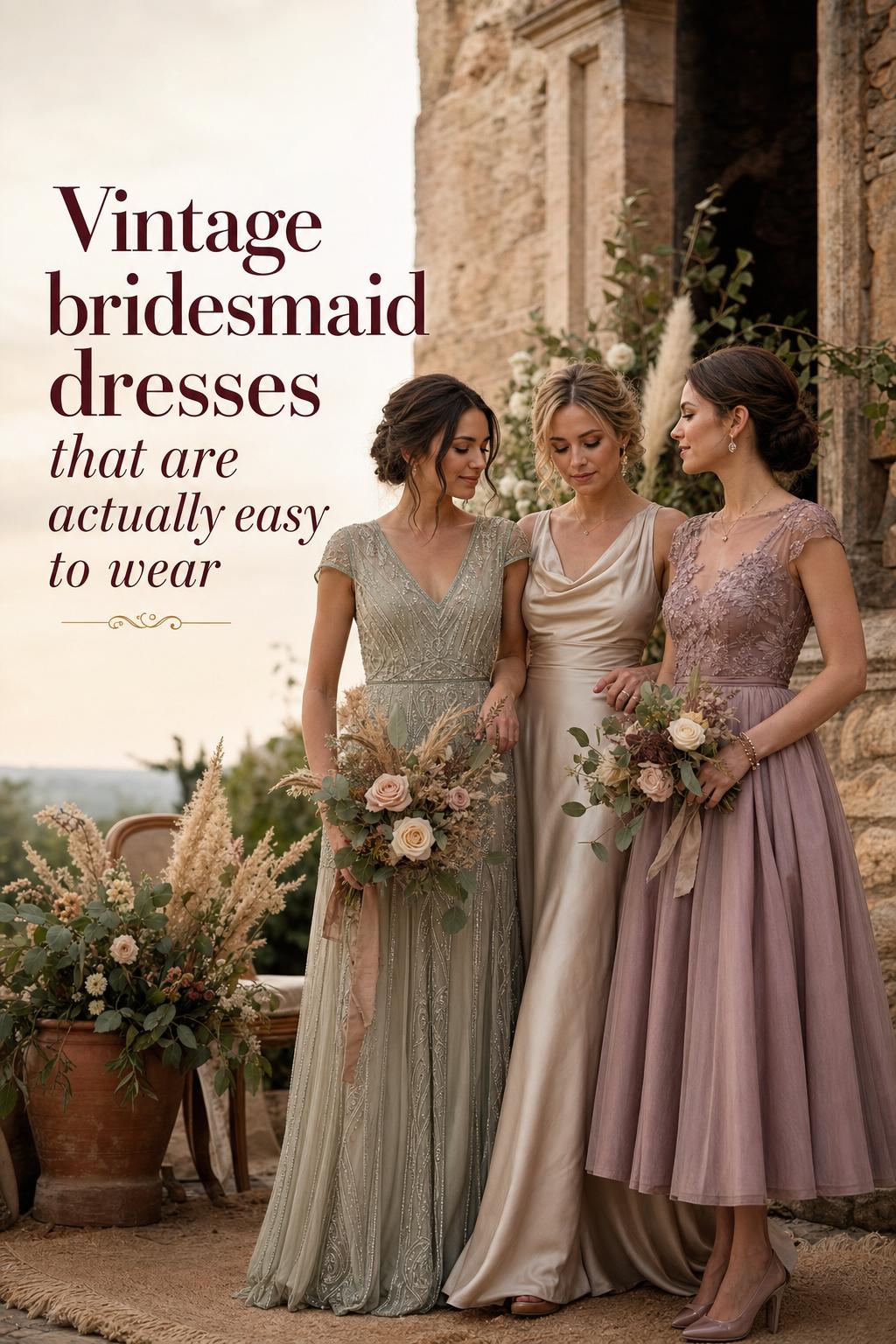 Vintage bridesmaid dresses in sage, champagne, and mauve at a golden-hour garden wedding with boho-luxe florals