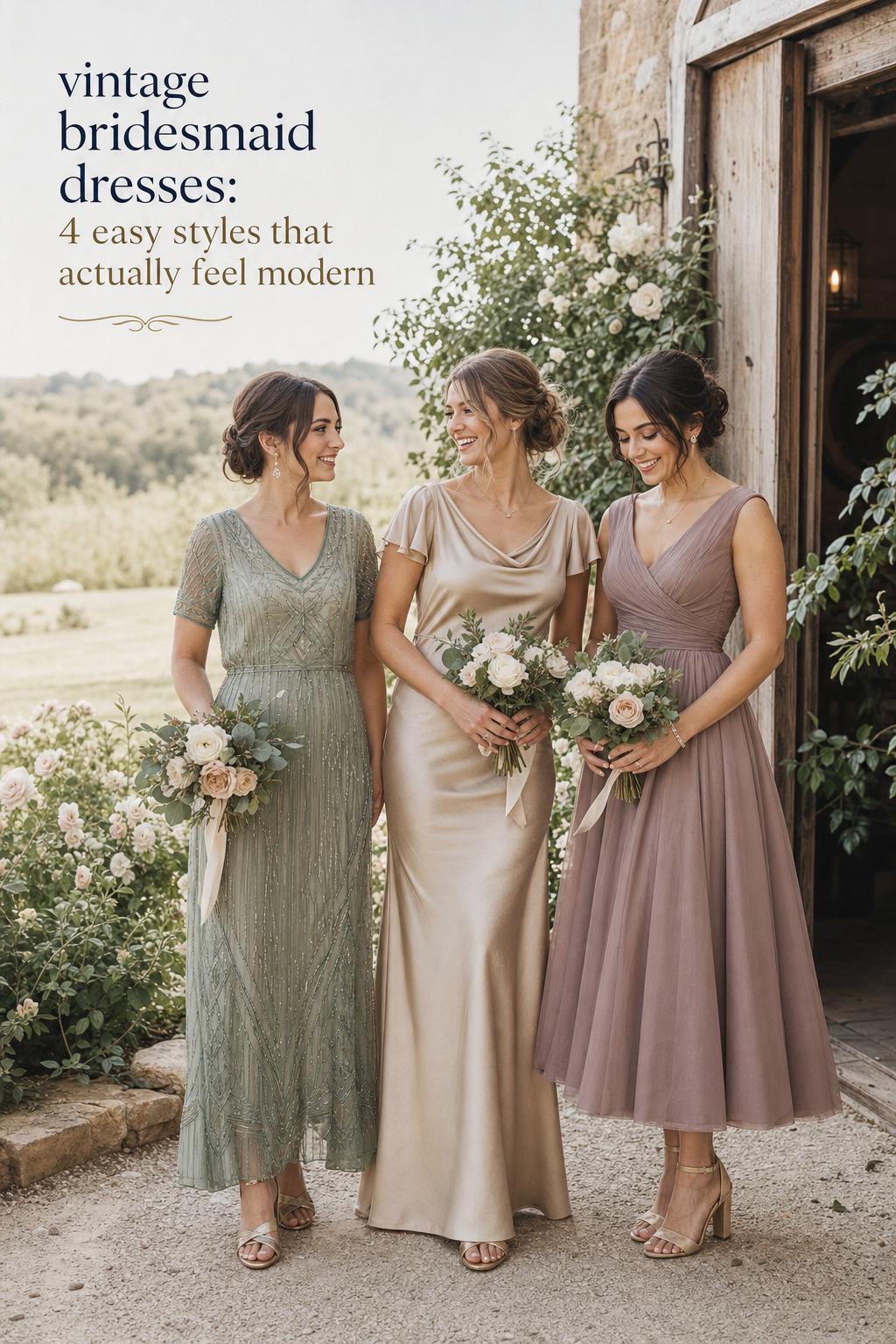 Vintage bridesmaid dresses in sage, champagne and mauve worn by three bridesmaids outdoors at a rustic estate barn doorway