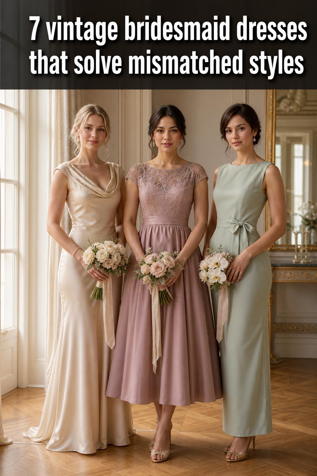 Bridesmaids in vintage bridesmaid dresses standing together in soft natural light at a classic wedding venue