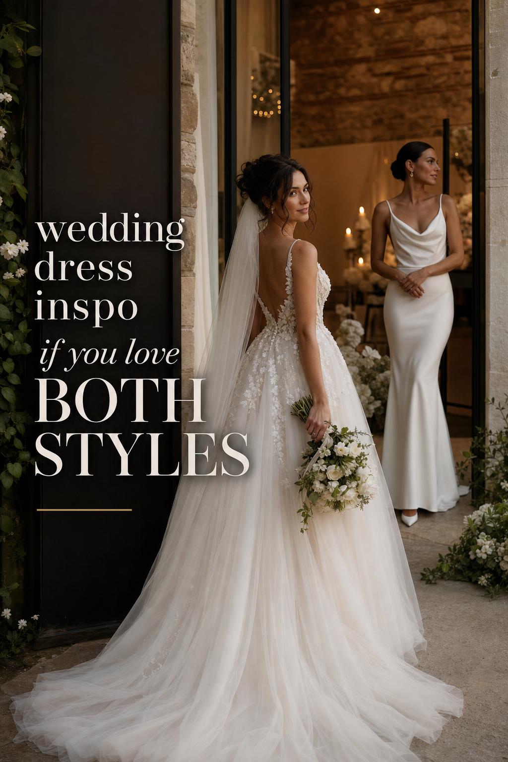 Wedding dress inspo editorial photo with romantic tulle bride and minimalist satin bridal look in a luxe terrace venue