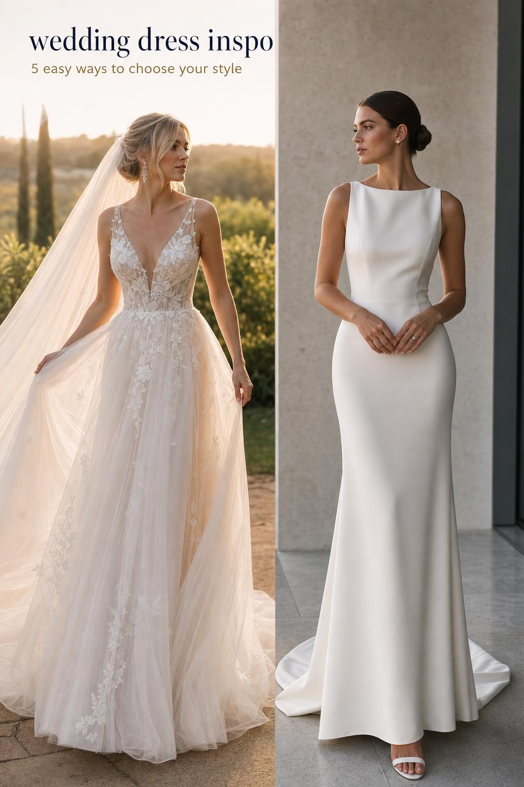 Wedding dress inspo split-scene editorial photo with romantic bridal gown and minimalist silk dress in modern neutral light