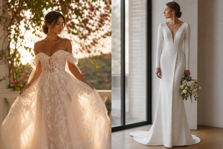 Wedding dress inspo comparing a romantic lace gown and a minimalist satin gown on a bride in soft natural light