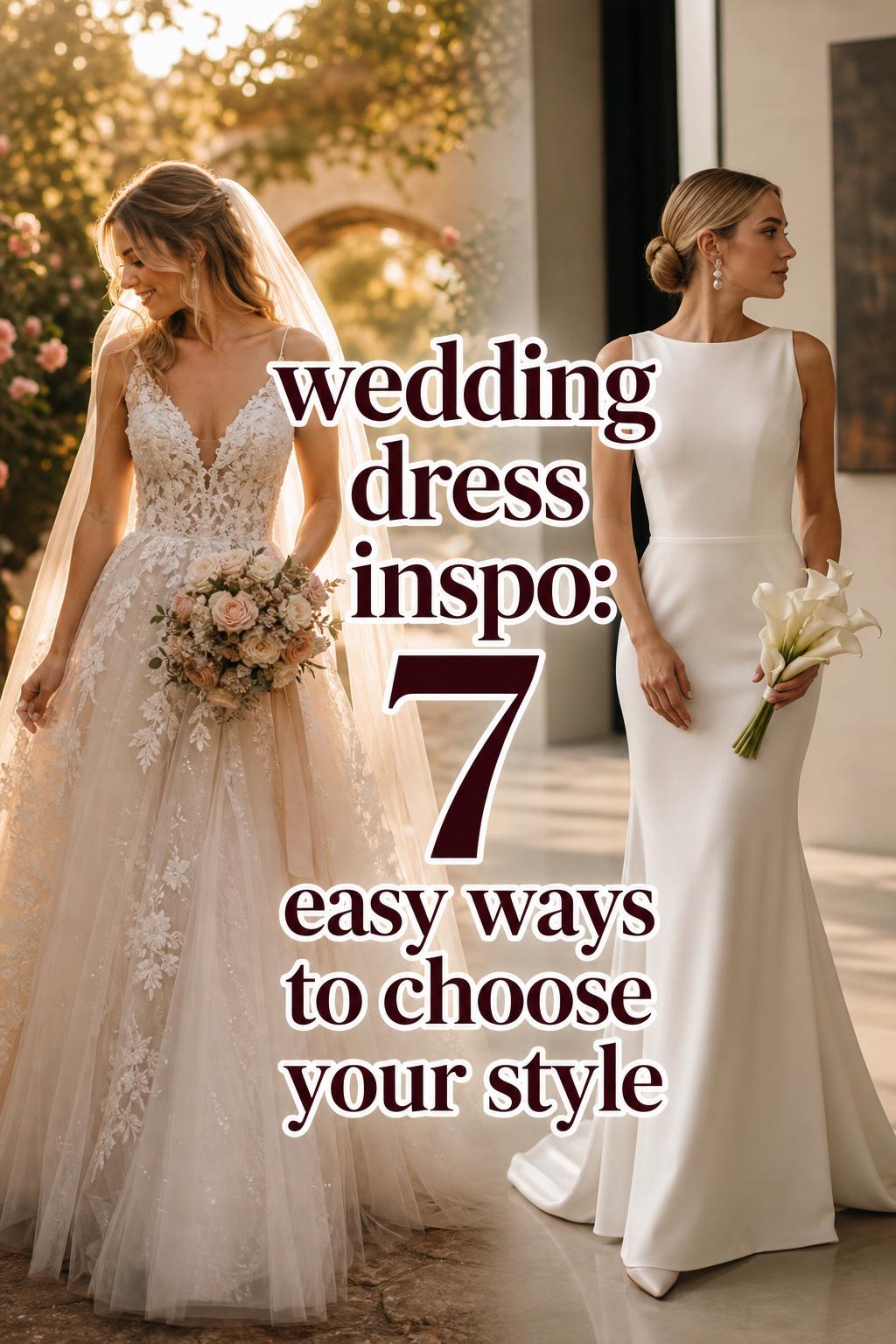 Wedding dress inspo split-scene bride choosing romantic tulle gown or minimalist satin dress in warm golden-hour light