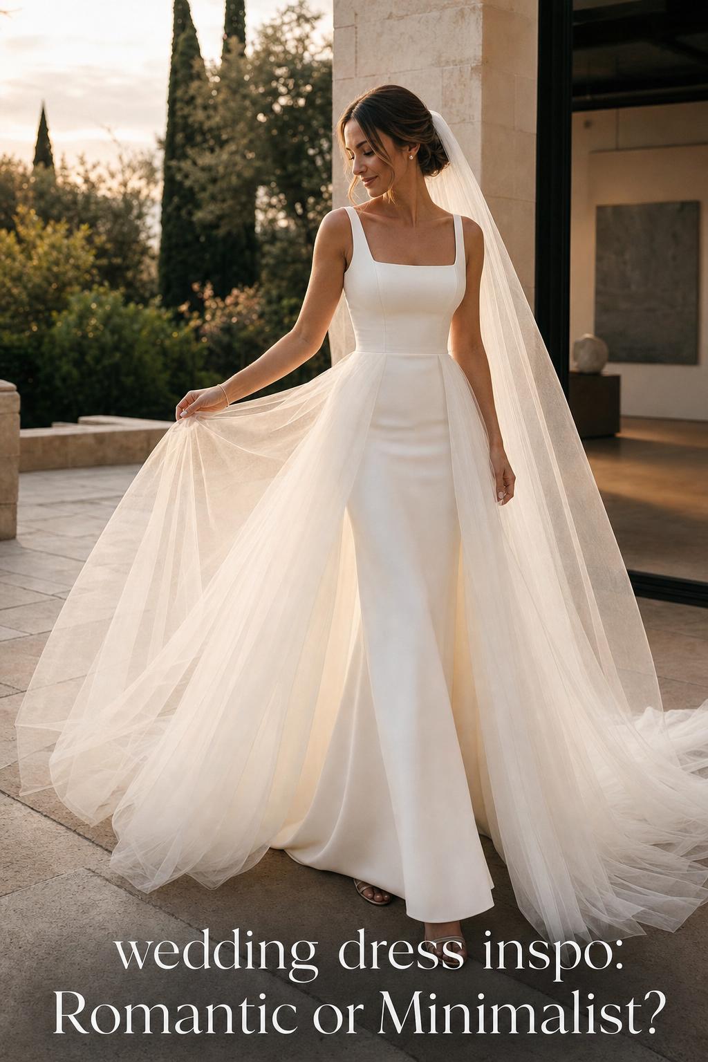 Bride turning on a stone terrace at golden hour, showcasing romantic vs minimalist wedding dress inspo in one elegant look.