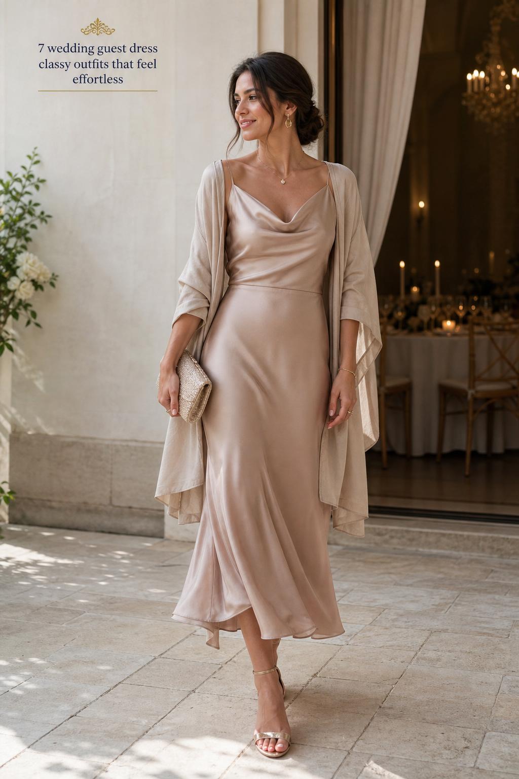 Wedding guest dress classy look in champagne satin midi dress with heels, clutch, and light wrap in soft natural light