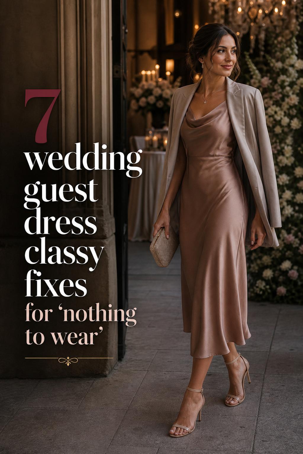 Wedding guest dress classy look in a moody corridor, woman in satin midi dress with clutch and heels near candlelit venue
