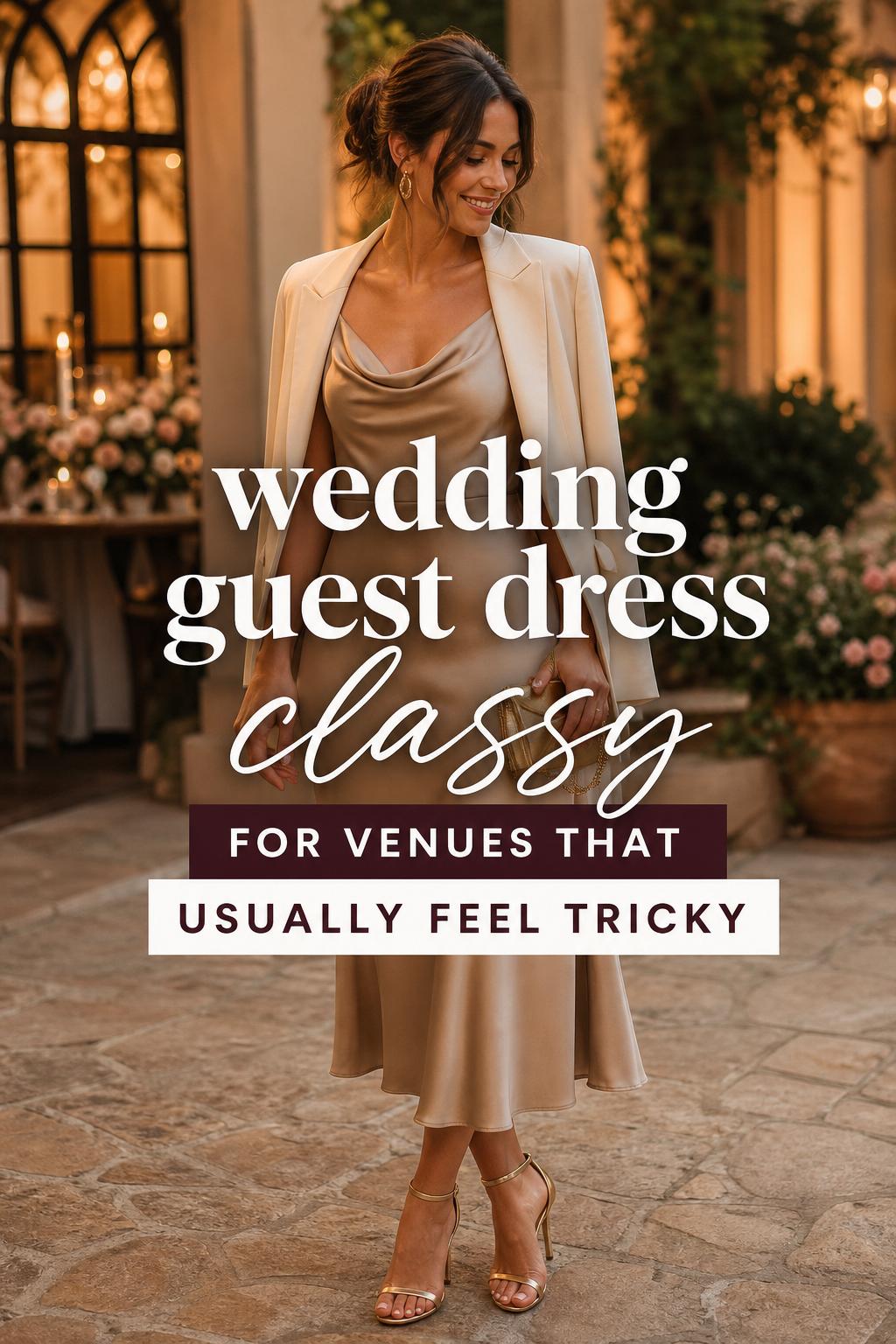 Wedding guest dress classy inspiration: woman in satin midi dress with clutch and heels in a warm golden-hour venue setting