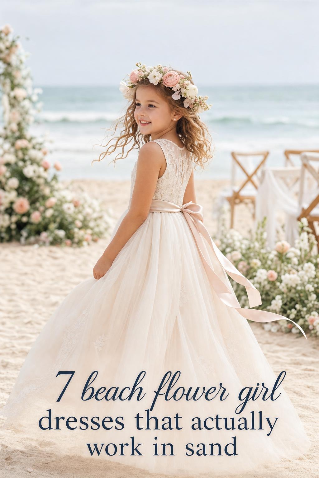 Beach flower girl dresses: young flower girl in ivory chiffon dress by the shoreline at a refined coastal wedding