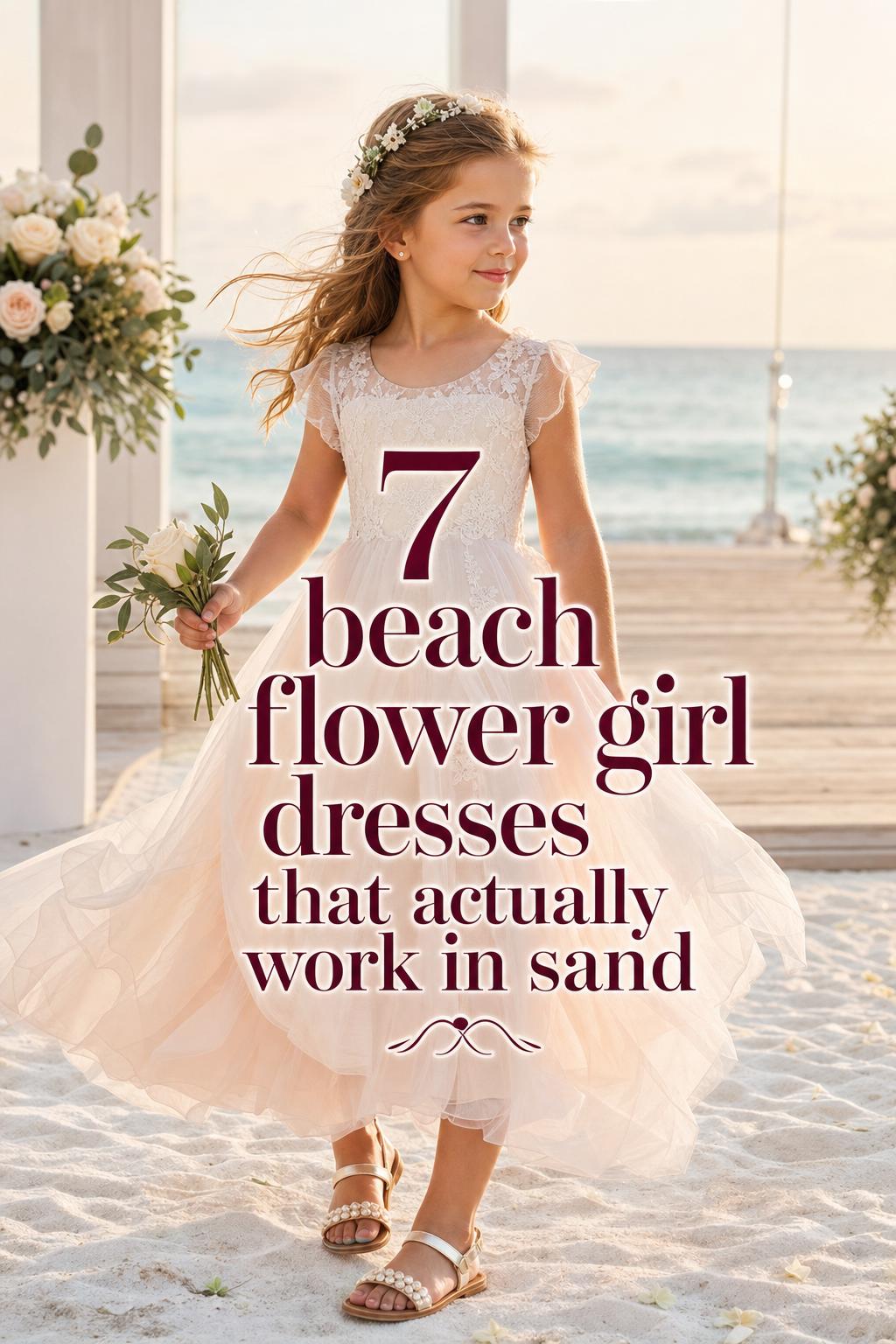 Beach flower girl dresses at golden hour, stylish flower girl in ivory blush chiffon dress walking on a coastal wedding beach