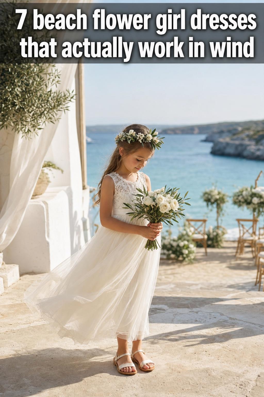 Beach flower girl dresses on a smiling girl in a white lace dress by the shoreline at sunset