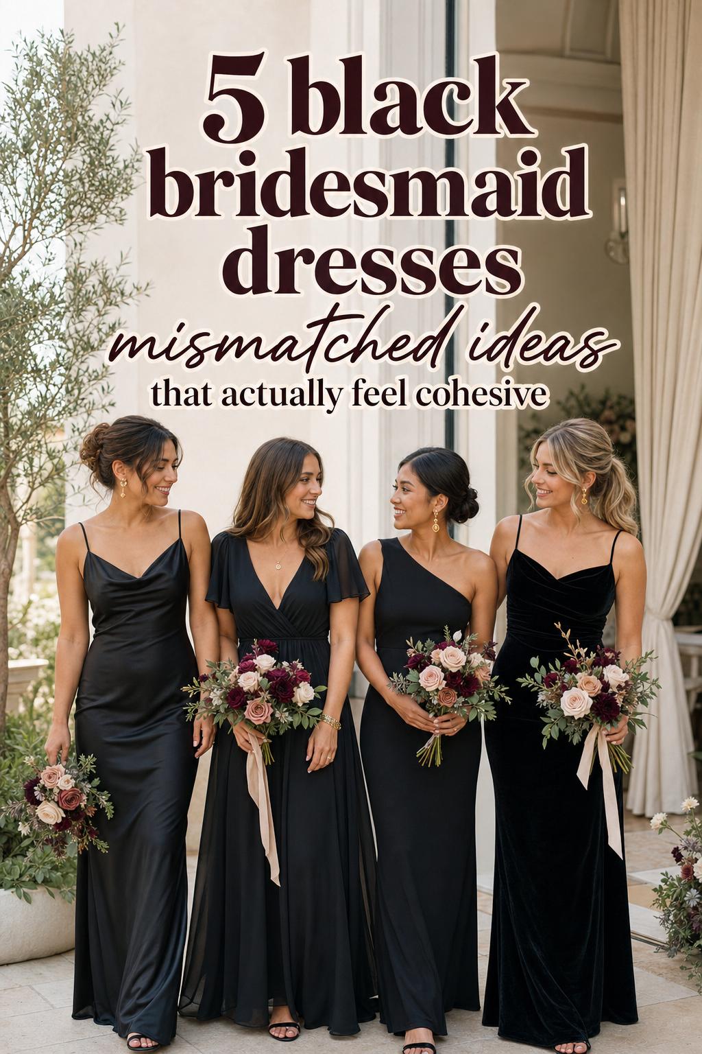 Black bridesmaid dresses mismatched in a bright wedding editorial with four bridesmaids in coordinated black gowns and bouquets.