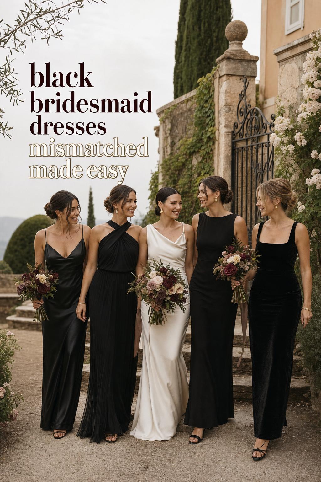 Black bridesmaid dresses mismatched in a European garden wedding, four bridesmaids in varied black gowns beside the bride