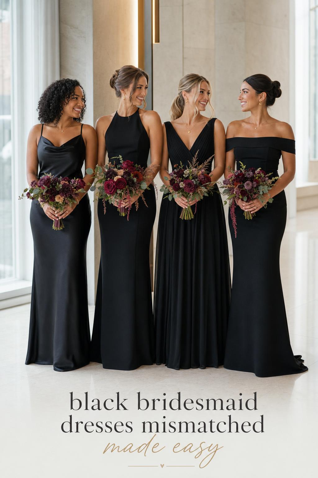 Black bridesmaid dresses mismatched on four women in a modern luxury wedding venue with jewel-toned bouquets and soft daylight
