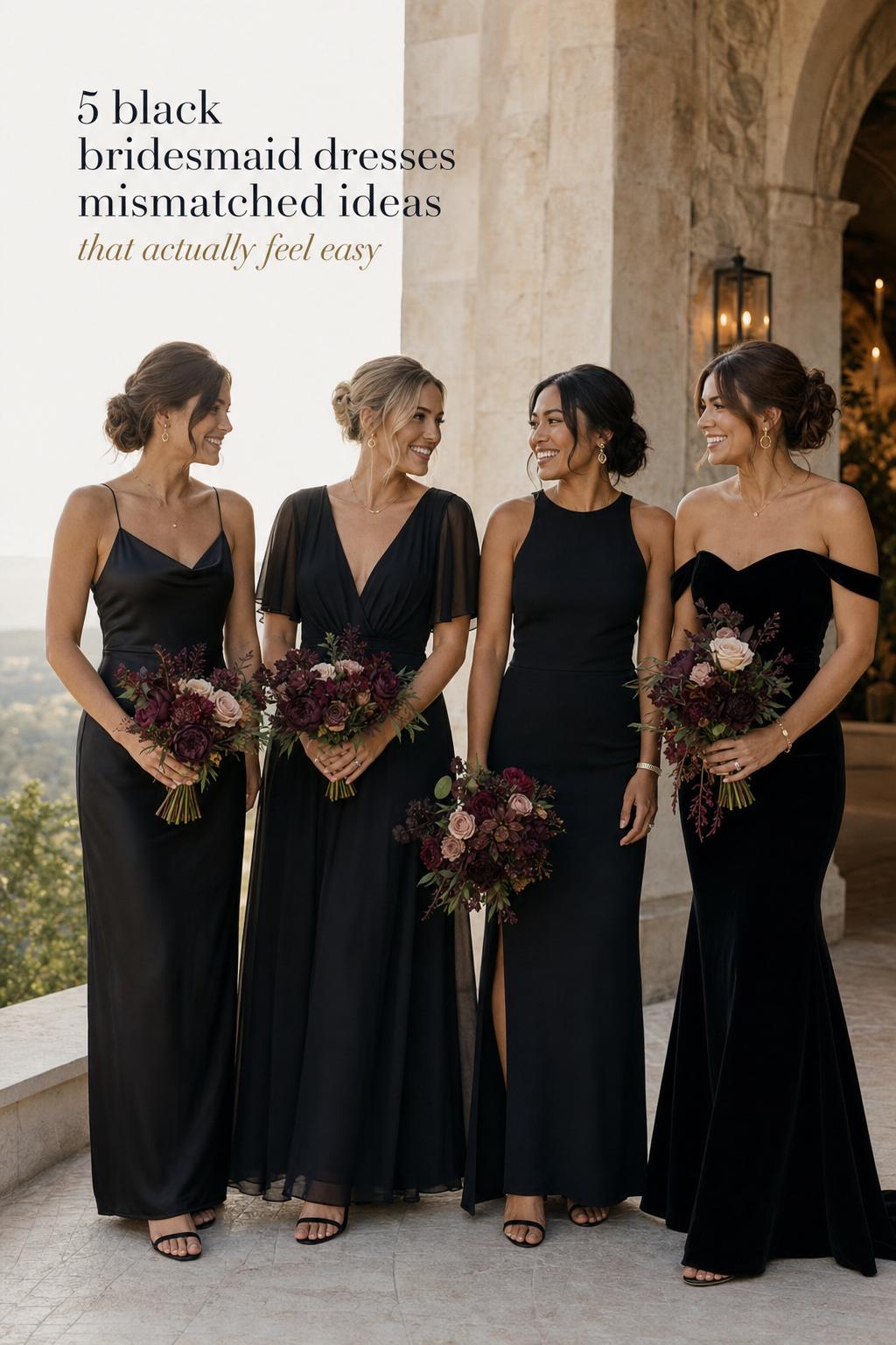 Black bridesmaid dresses mismatched in four elegant silhouettes with jewel-tone bouquets on a garden terrace at golden hour.