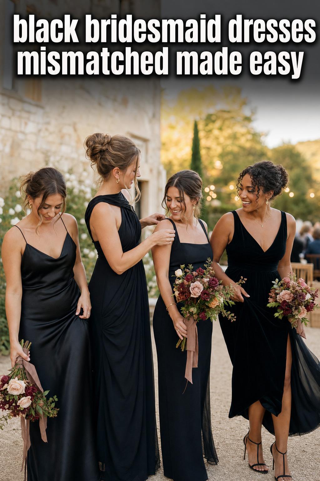 Black bridesmaid dresses mismatched in a chic wedding party, with varied styles and fabrics for an elegant coordinated look.