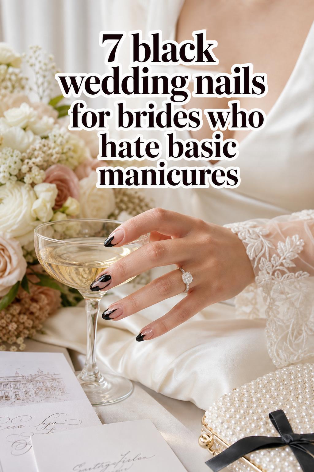 Bride’s hand with glossy black wedding nails and engagement ring beside champagne coupe and bouquet in soft daylight