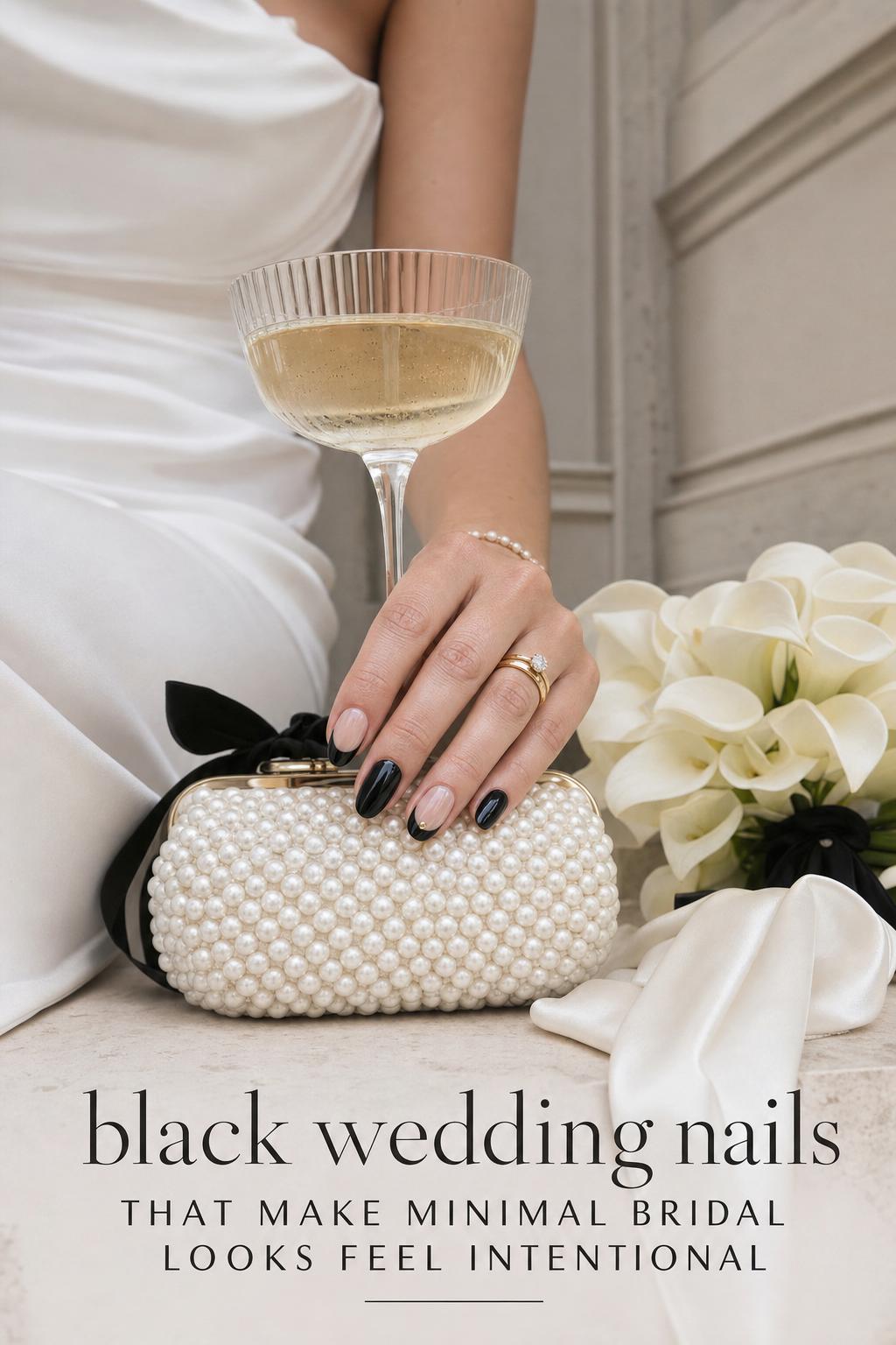 Close-up bridal hand holding champagne coupe with black wedding nails, pearl clutch, and gold ring in soft daylight