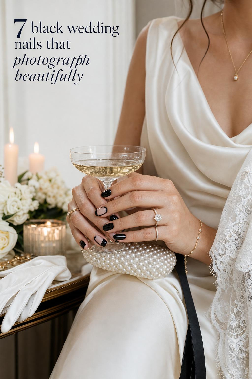 Bride holding a champagne coupe and pearl clutch, showcasing glossy black wedding nails with rings in soft candlelight.