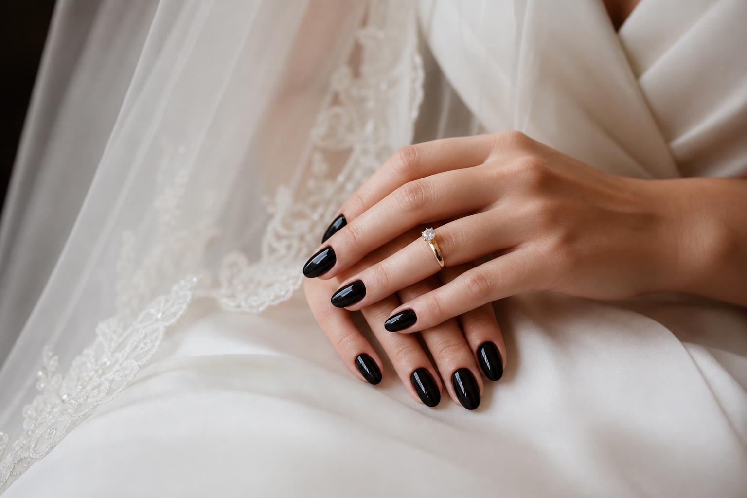 Black wedding nails in glossy finish with delicate gold accents, styled for elegant bridal ring photos
