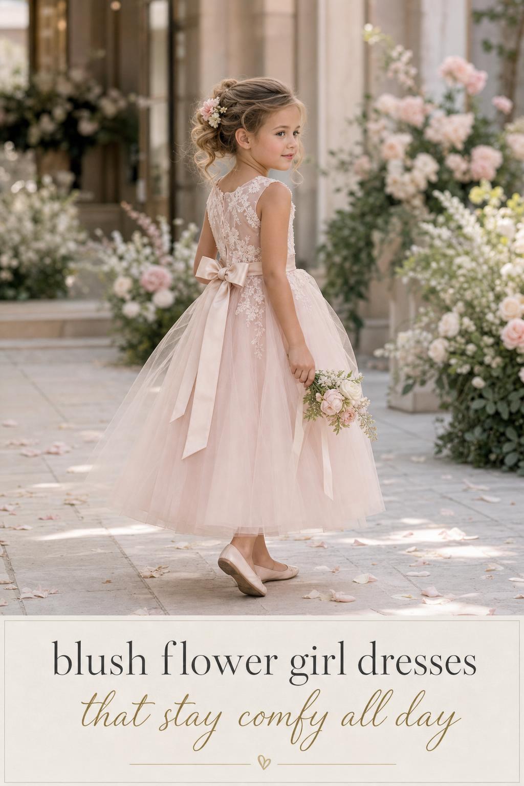 Young flower girl in blush flower girl dresses standing in a soft garden aisle with ivory florals and elegant neutral backdrop